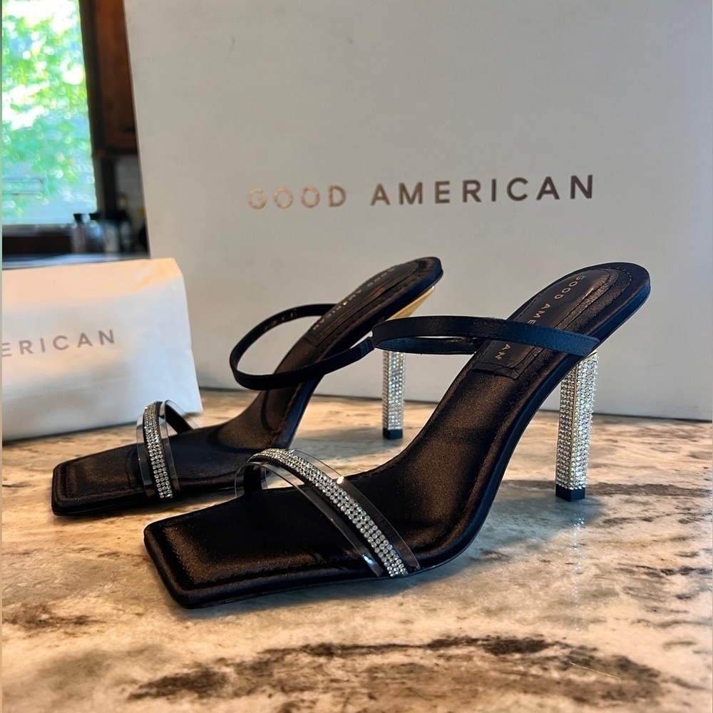 Good American Black Open Toe Satin Rhinestone￼ Heel￼ Slingback Pump